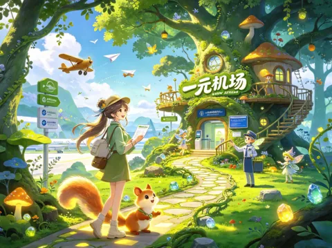 森林树屋小机场与松鼠的童话风插画