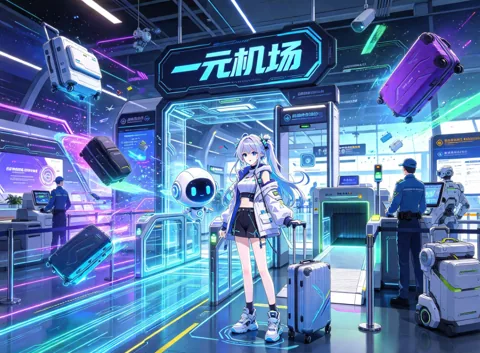 机场安检通道里的少女与机器人的动漫风插画