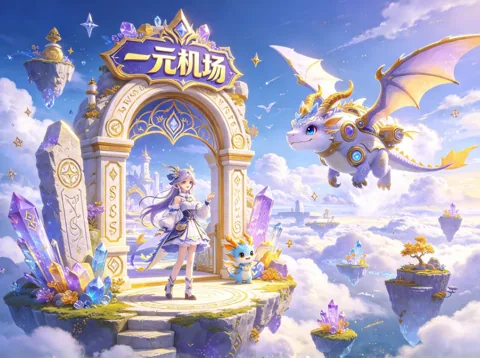 云端拱门前少女与飞龙的奇幻风插画