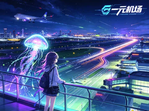 夜晚机场栏杆旁看水母的动漫风插画