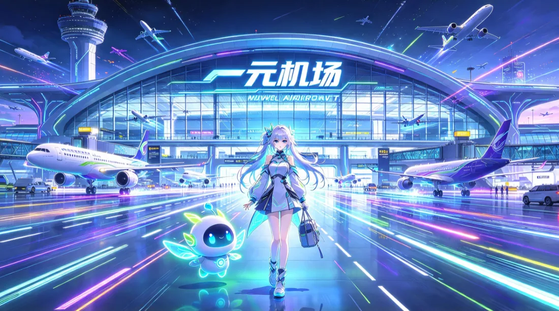 机场航站楼前少女与小机器人的动漫风插画