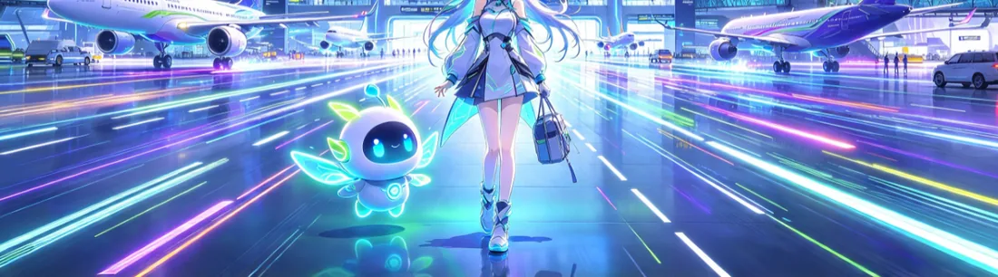 机场航站楼前少女与小机器人的动漫风插画(下半)